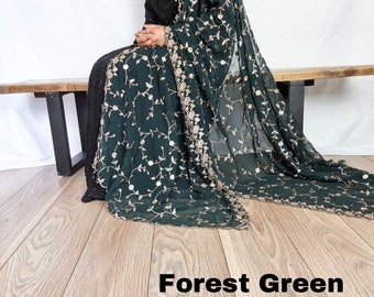 Chiffon Dupatta: Gold Floral Embroidery, Pearl Nikkah Scarf
