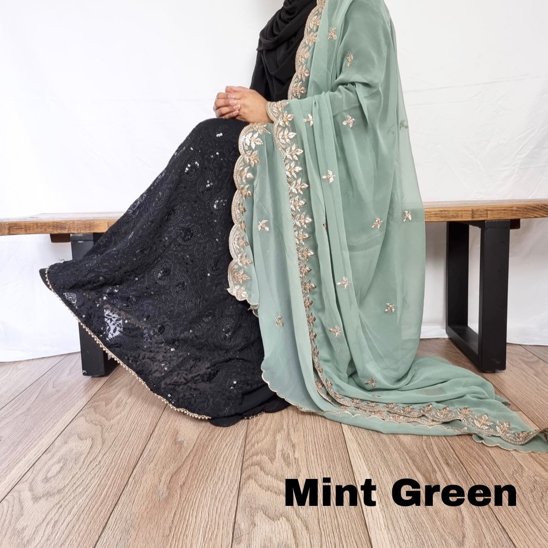Chiffon Nikkah Dupatta: Gold Embroidery & Pearl Veil