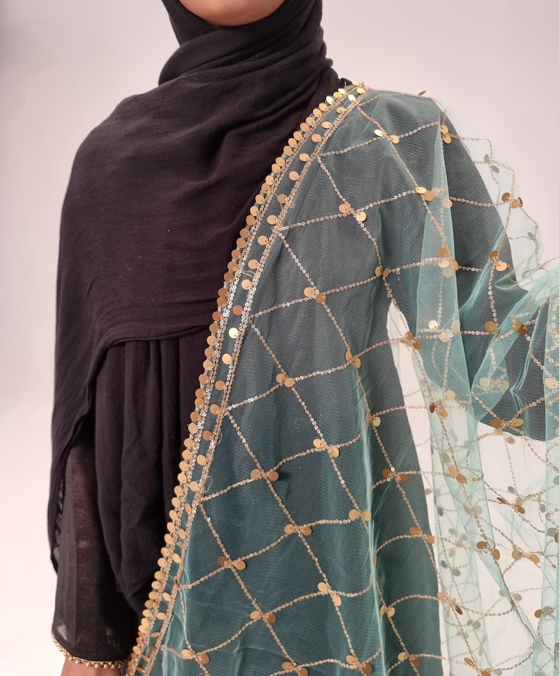 May include: A teal net scarf with gold sequins and a gold beaded border. The scarf is draped over a black shirt.