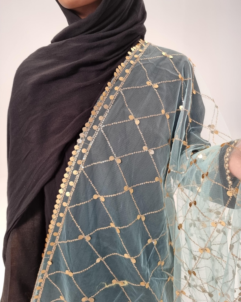May include: A light blue sheer scarf with gold sequins arranged in a grid pattern. The scarf has a gold trim with sequins around the edges.