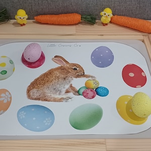 May include: A white oval placemat featuring a brown bunny rabbit holding colourful Easter eggs. The placemat has a light brown wooden border and is surrounded by colourful speckled Easter eggs.