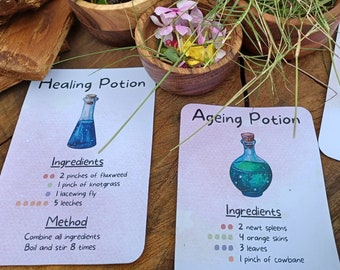 Printable Mud Kitchen Potion Cards, Homeschool Learning Numbers, Montessori Learn Recipes, Nature Play