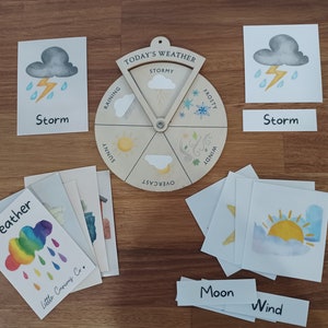 Cartões flash infantis para impressão, Montessori aprende o clima, estudo da natureza em casa
