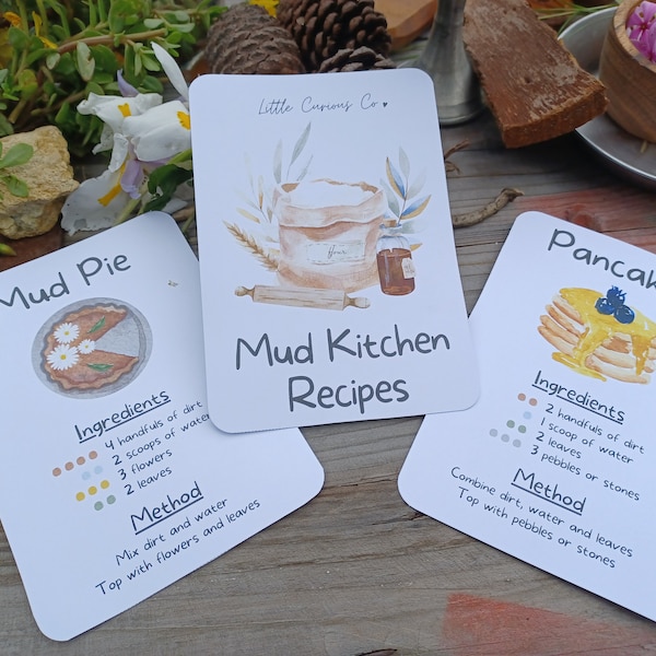 Printable Mud Kitchen Cards, Homeschool Learning Numbers, Montessori Learn Recipes, Nature Play