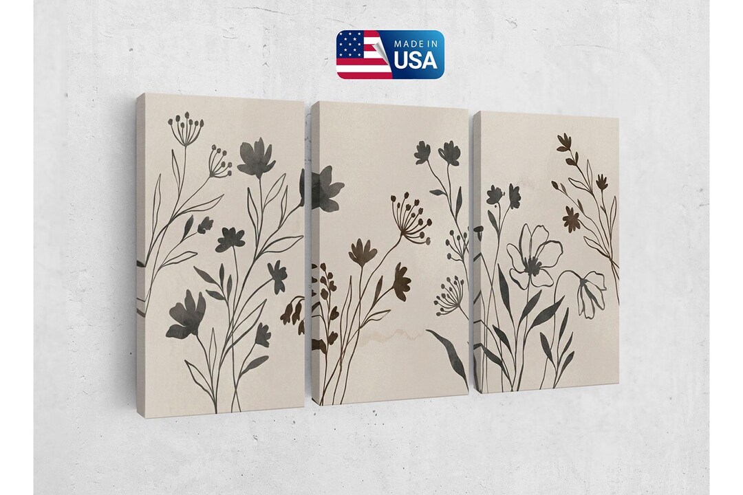 Wildflower Canvas Print - Minimalist Floral Wall Art, 3 Piece Triptych ...