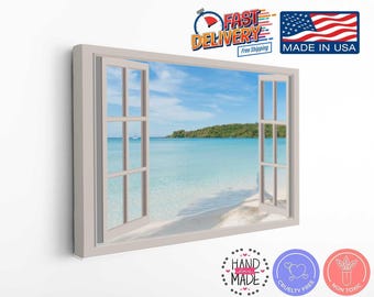 Coastal Living, Handcrafted Open Window Scene, Blue Sky, Landscape Canvas Print