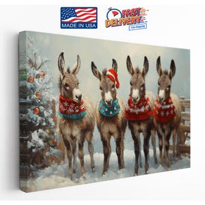 a painting of three donkeys wearing sweaters and a christmas tree