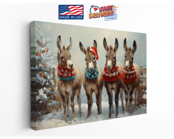 Rustic Christmas Art Whimsical Donkey Canvas, Festive Holiday Animal Scene (16x20, Museum-Grade Print, Ready to Hang)