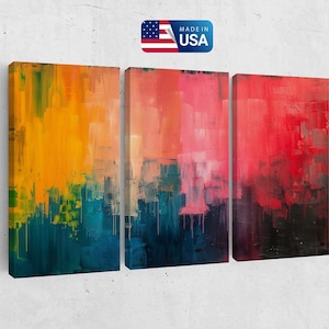 Vibrant Abstract Triptych Canvas Wall Art - Red, Yellow & Blue Modern Painting, Large 3-Panel Textured Artwork, Contemporary Statement Piece