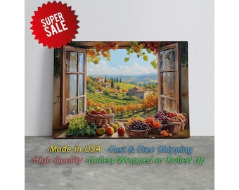 Farmhouse, Tuscany Window, Rustic Italian Charm, Landscape Canvas Print