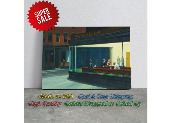 Nighthawks Canvas Print Wall Art: Vintage American Diner Scene, Cultural Depth (Museum Canvas, Fade Resistant Ink, 24x36in)