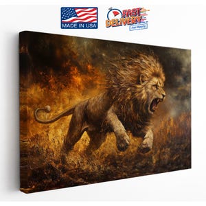 Impresión en lienzo de majestuoso león rugiente / Arte mural de animales salvajes / Decoración de jungla ardiente / Cuadro grande listo para colgar - LEA LAS POLÍTICAS