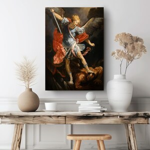 a painting of an angel holding a sword