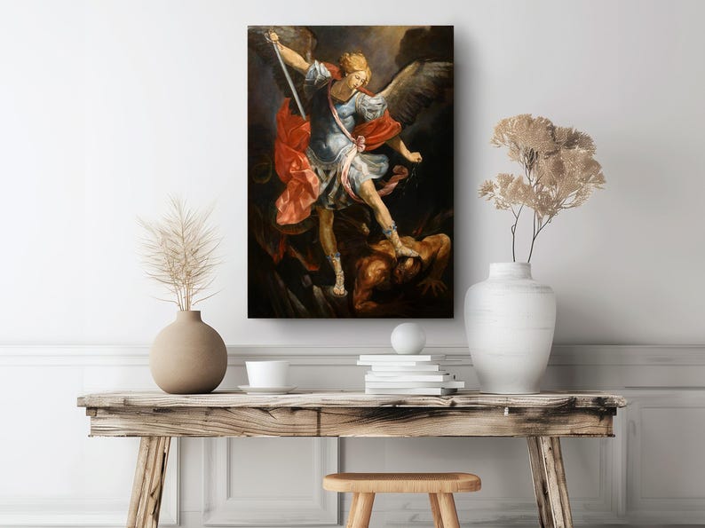 a painting of an angel holding a sword