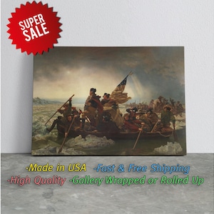 May include: A canvas print of a historical painting depicting a boat crossing a body of water, with figures holding oars and a flag. The artwork is framed and displayed against a neutral background. A red starburst graphic with the words "SUPER SALE" is in the upper left corner.