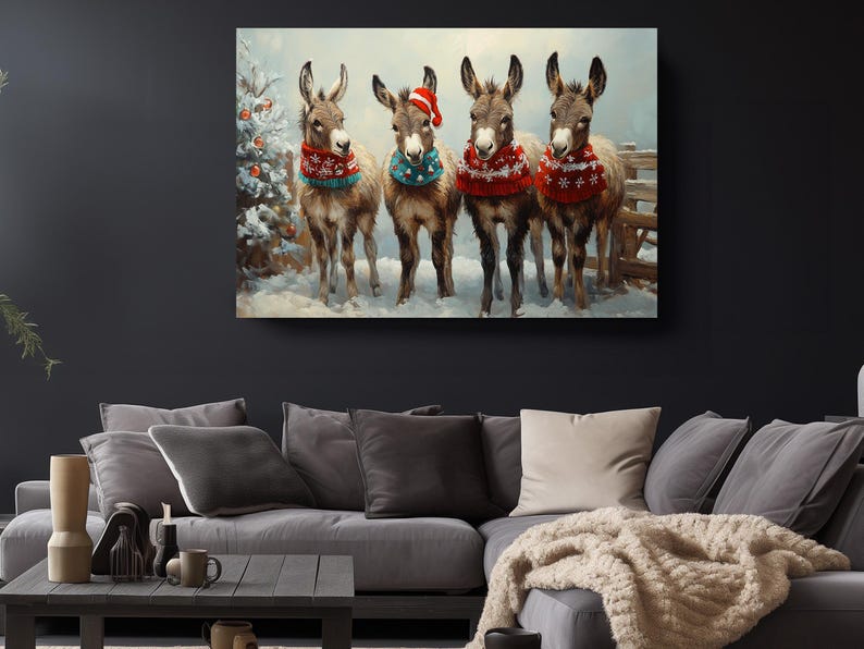 a painting of three donkeys wearing christmas sweaters