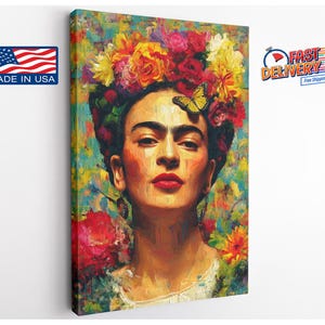 Mexican Master Painter Portrait Oil Painting Style– Floral Crown Canvas Art, Latin Icon Decor