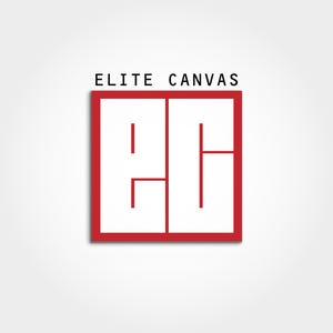 May include: A square logo featuring the text ELITE CANVAS in black capital letters above a red square border. Inside the red square, the white letters E and C are stylized to form a geometric design with a vertical line separating the two characters.