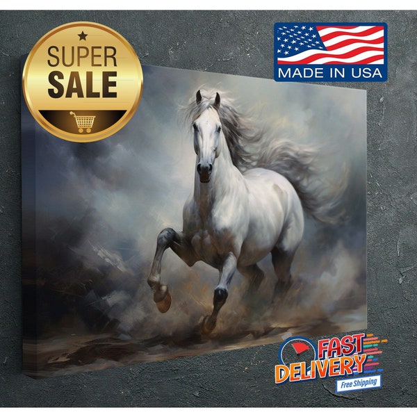 White Horse Galloping Canvas Art Print Large Size Artwork Gallery Wrap Stretched on Canvas Ready to Hang