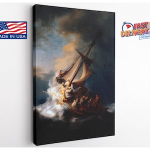 May include: A framed canvas print of a classic painting depicting a boat in a storm. The artwork features a dark, dramatic sky, turbulent waves, and figures in the boat. The print has the text "Made in USA".