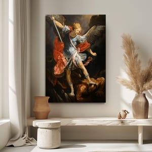 a painting of a man holding a sword in a room