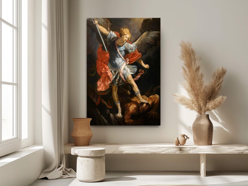 a painting of a man holding a sword in a room