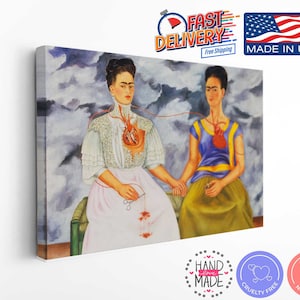 May include: A painting of two women with their hearts connected by a red thread. The women are wearing colorful dresses and have dark hair. The painting is set against a cloudy background.