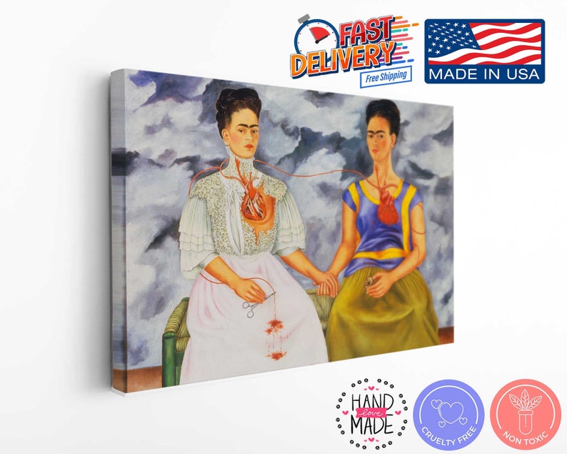 May include: A painting of two women with their hearts connected by a red thread. The women are wearing colorful dresses and have dark hair. The painting is set against a cloudy background.