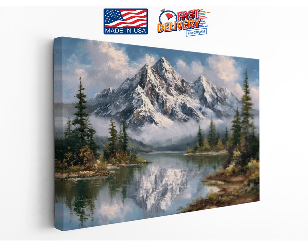 Snowy Mountain Lake Canvas – Peaceful Nature Wall Art – Rustic Lodge ...