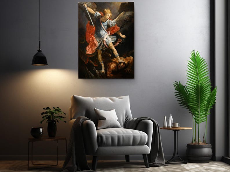 a living room with a chair and a painting on the wall