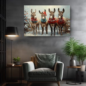a painting of three donkeys wearing christmas sweaters