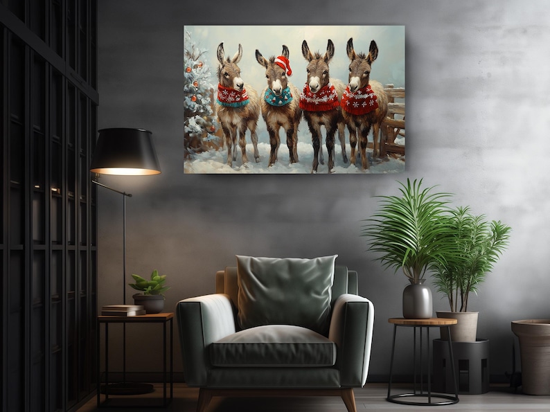 a painting of three donkeys wearing christmas sweaters