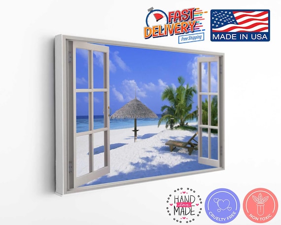 Beach Scene Canvas Handcrafted Print: Ocean Inspired Art, Fade Resistant Pigment Ink (Large Size, Protective Tube Roll Option)