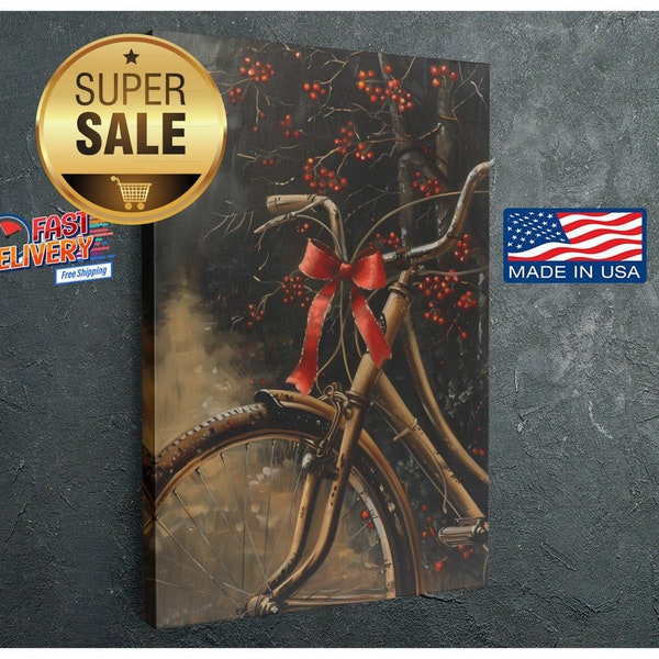 Vintage Bicycle Oil Painting with Red Bow Canvas Print Oil Painting Reproduction Print