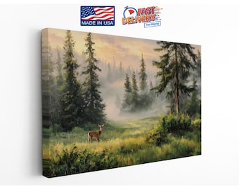 Misty Forest Deer Art, Nature Landscape, Pine Trees, Animal Canvas Wall Art