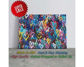 Spray Paint Hearts Vibrant Urban, Colorful Heart Drip, Graffiti Wall Art, Street Art Canvas Print