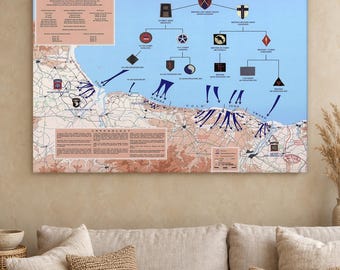 May include: A rectangular wall map titled Normandy Invasion depicting military troop movements with blue arrows, unit insignia, and organisational charts over a topographical map of the French coastline, including text boxes for chronology and unit lists.