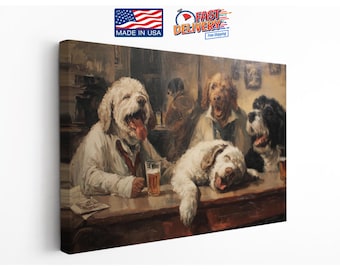 Dogs At The Pub Canvas Art: Quirky Vintage Bar Scene, Humorous Animal Print (Museum-Quality, Ready to Hang)