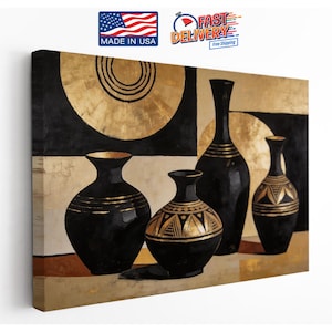 May include: Abstract canvas art featuring a still life of black vases with gold accents. The artwork has a geometric design with gold and black shapes. The canvas is rectangular and has a neutral color palette.