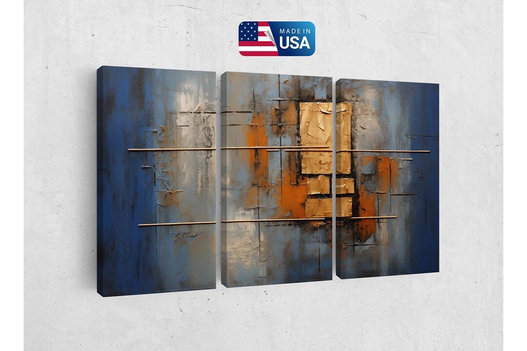 Abstract Triptych Blue and Gold Canvas - Modern Textured Wall Art ...