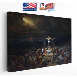 May include: A painting depicting a dark, stormy sky with a group of people gathered around three crosses. The central cross has a figure of a man on it, while the other two crosses have figures of men on them. The painting is done in a realistic style and has a somber tone.
