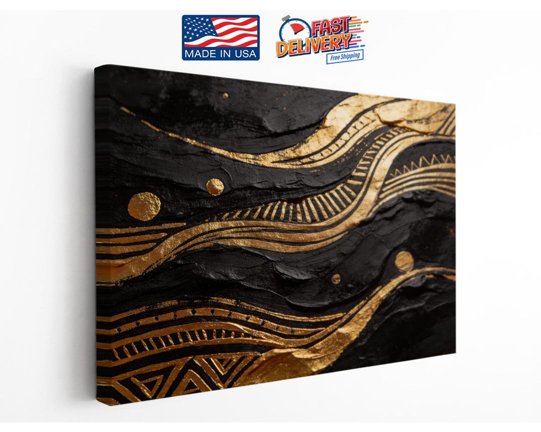 Black and Gold Abstract Canvas Print, Modern Textured Wall Art, Luxury ...