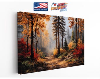 Autumn Forest Path, Fall Woodland Landscape, Nature Wall Art, Landscape Canvas Print