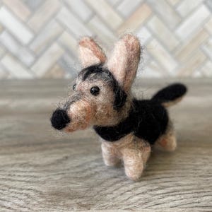 May include: A small, hand-felted dog figurine with black and brown fur. The dog has a long snout and floppy ears.