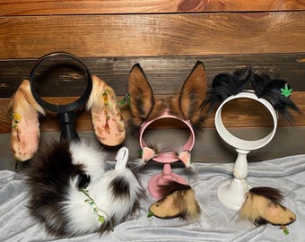 Uszy i zestaw o tematyce natury: miękki króliczek, koń, jeleń, skunks, szczeniak, kot, pies, ogon, miniaturowe liście, liść, zwierzę, zabawa, futrzany kostium Theriana, Cosplay