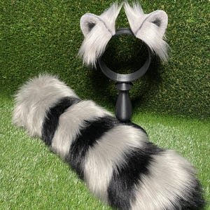 Raccoon Ears and Tail Set Silver Gray Grey Black Rodent Cosplay Costume Goth Petplay Furry Pet Play Fursuit Headband Realistic