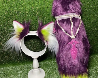 Wróżka Cukrowa Śliwka Wojownik Lis Uszy i Ogon Zestaw Cosplay Brązowy Kostium Fantastyczna Opaska Petplay Pet Play Zielony Kość Słoniowa Żywica Łańcuch Wstążka Futrzana