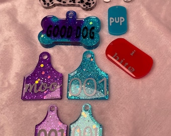Resin Nametag Charm Keychain Name Tag Therian Dog Pup Puppy Bone Handmade Petplay Pet Play Furry Collar Cow Heart Purple Blue Red Glitter