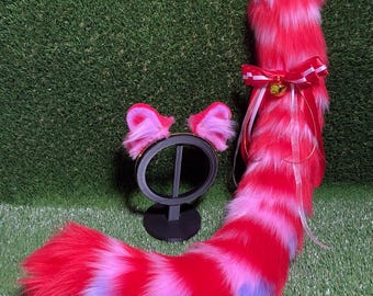 Różowoczerwony zestaw uszu i ogona tygrysa w kolorze różowo-fioletowym i złotym na Walentynki, duży kot, kociak, zabawa, kostium Petplay, futrzana opaska do cosplayu Therian