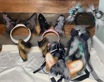 Ear Drop- Dog Bunny Wolf Ears Sets Tails Rabbit Puppy Costume Goth Pup Floppy Therian Petplay Pet Play Cosplay Realistic Headband Handmade